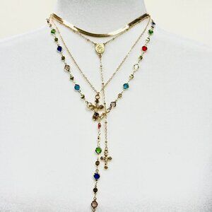 4 pcs set Gold layered necklace with multi-coloured stones